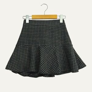 The Shew Navy Blue Tweed Houndstooth Ruffle Hem Mini Skirt Size F Faux Wool